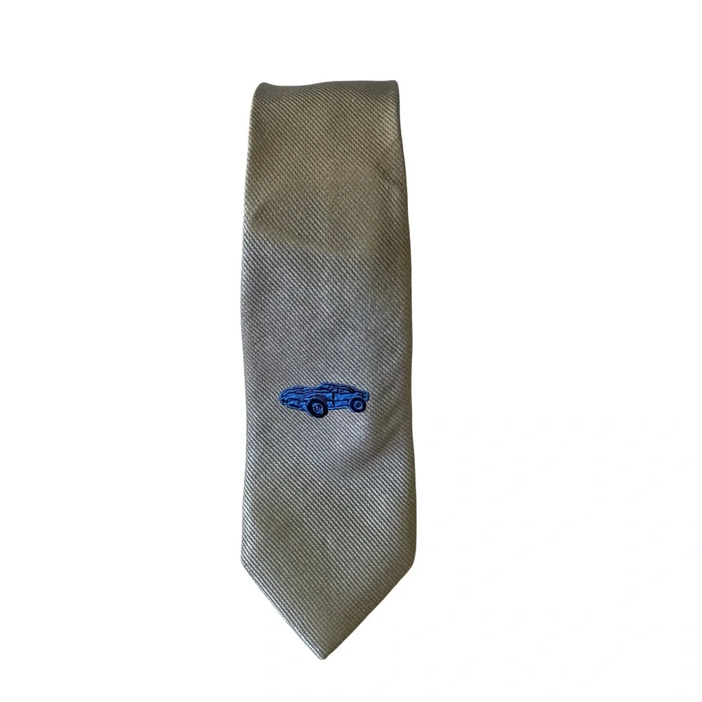 Crewcuts Boys Tie Necktie 42” Sz 2-7 Gray Blue Car Embroidered 100% Silk Kids